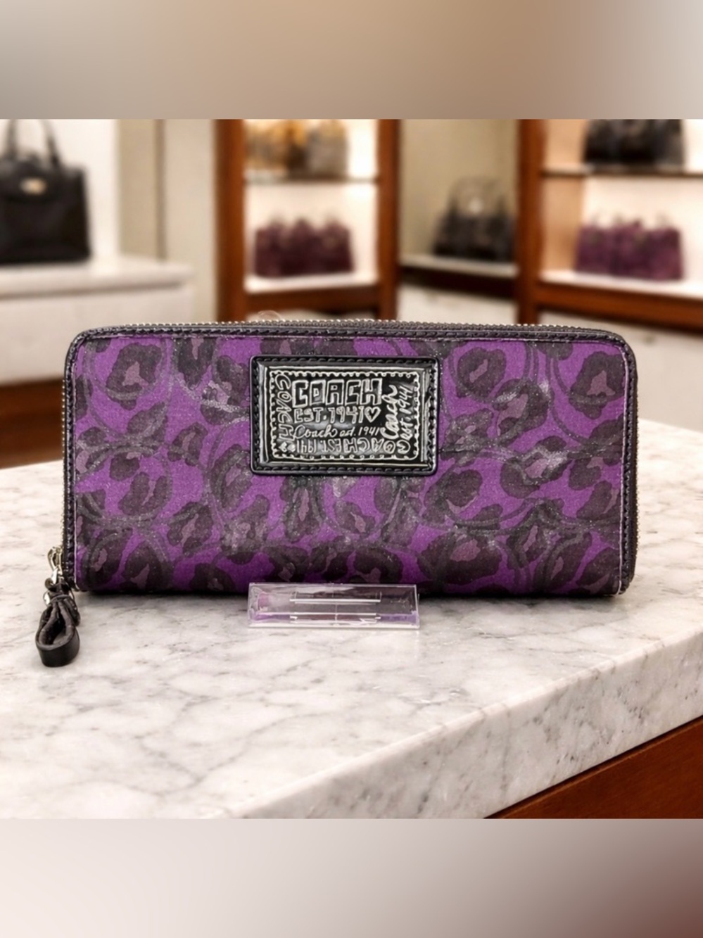 Coach Purple and Black Leopard Print Zip Wallet - Picture 12 of 12